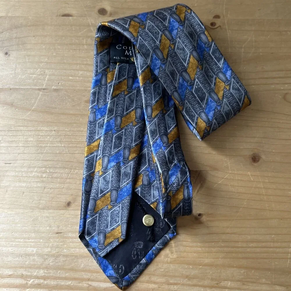 Countess Mara Tie Blue/Grey/Mustard Geometric Silk Necktie w Hang Tag 60 x 3.75